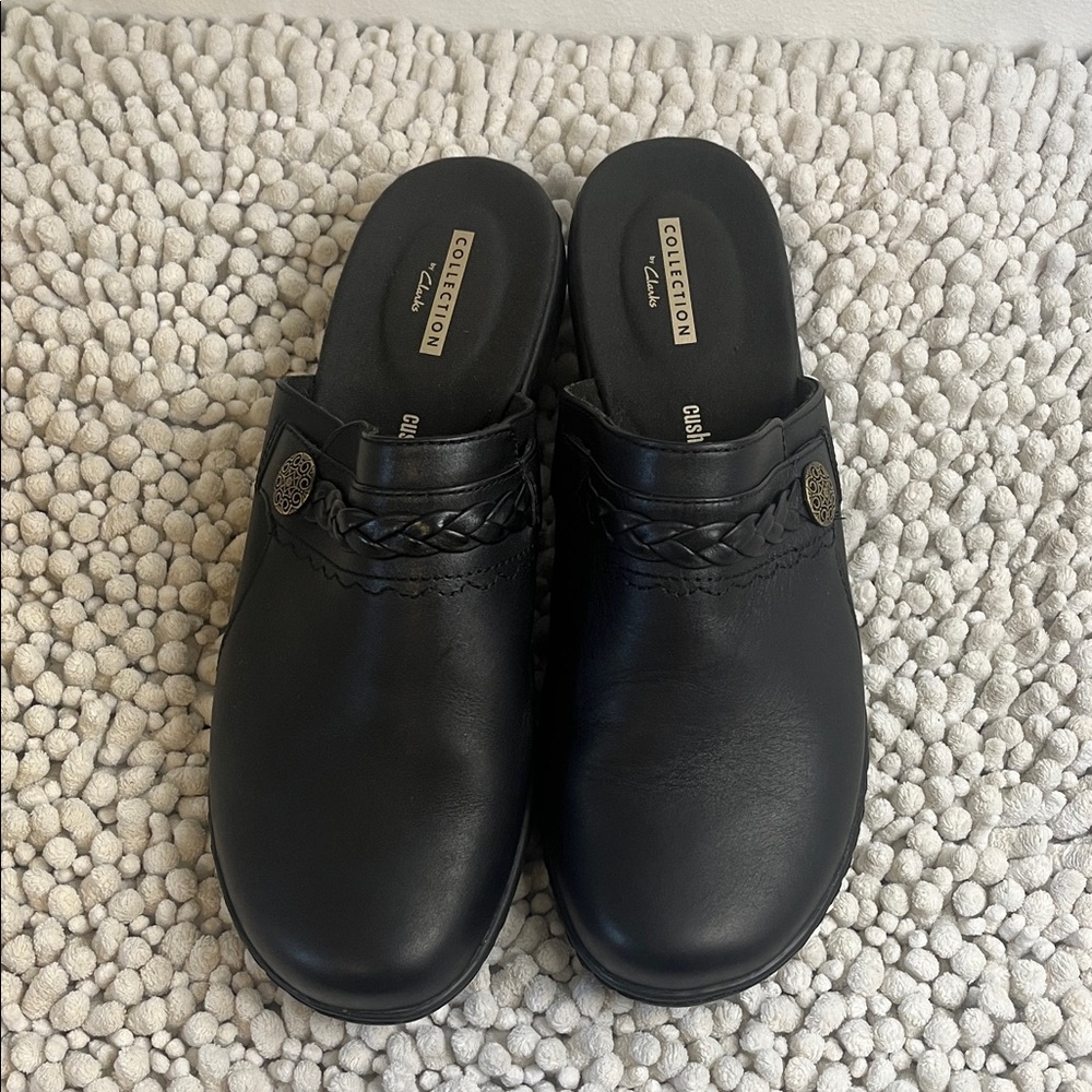 Clarks Black Leather Loafers with Braided Detail